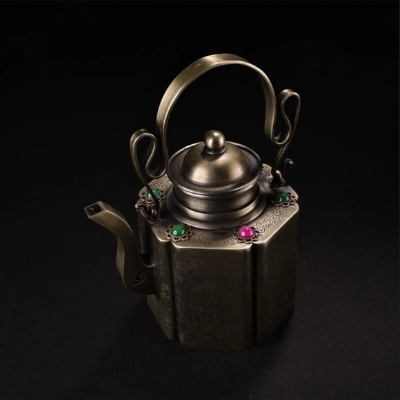 Vintage Chinese White Copper Inlay Gems Handle Teapot - Picture 6 of 10